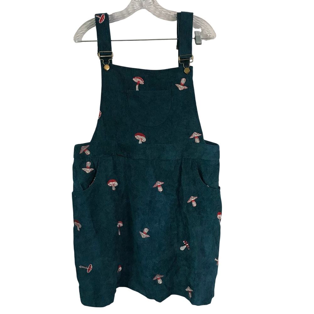 Cider Skirt 1XL Corduroy Mushroom Print Overalls Teal Zip Cottage Core Retro